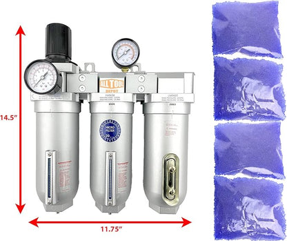 1" NPT SUPER DUTY Industrial Grade Filter Regulator Coalescing Desiccant Dryer System For Compressed Air Lines, Metal Bowls, Great For Paint Spray And Plasma Cutter (MANUAL DRAIN)