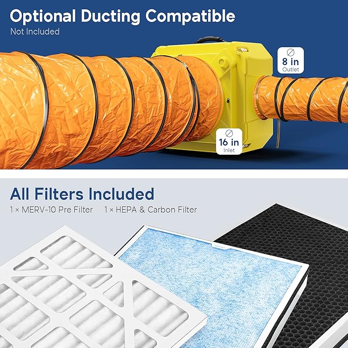ALORAIR Air Scrubber with 3 Stage Filtration, Stackable Negative Air Machine for Industrial and Commercial Use, Heavy Duty Air Cleaner with MERV-10 Filter, HEPA/Activated carbon Filter, Yellow