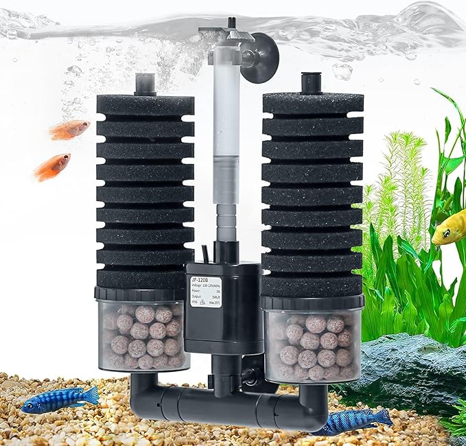 Aquarium Sponge Filter 15-55 Gallon Fish Tank Filter, Electric Power Double Sponge Filter, Quiet Small Low Flow Foam Filter for Fish Tank Betta Shrimp, Intake Dual Sponge Filter Kit w/Bio Balls &Pump