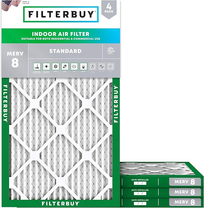 Filterbuy 16x32x1 Air Filter MERV 8 Essential Dust & Allergy Defense (4-Pack), Electrostatic Pleated HVAC AC Furnace Filters Replacement, Made in USA (Actual Size: 15.50 x 31.50 x 0.75)