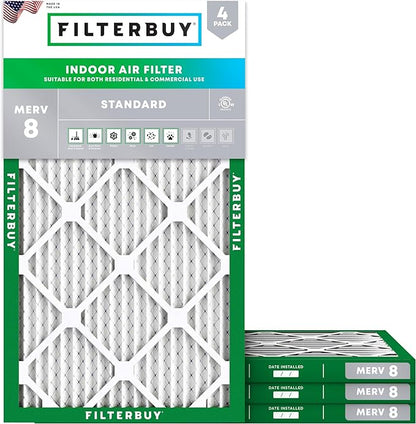 Filterbuy 8x20x1 Air Filter MERV 8 Essential Dust & Allergy Defense (4-Pack), Electrostatic Pleated HVAC AC Furnace Filters Replacement, Made in USA (Actual Size: 8.00 x 20.00 x 0.75)