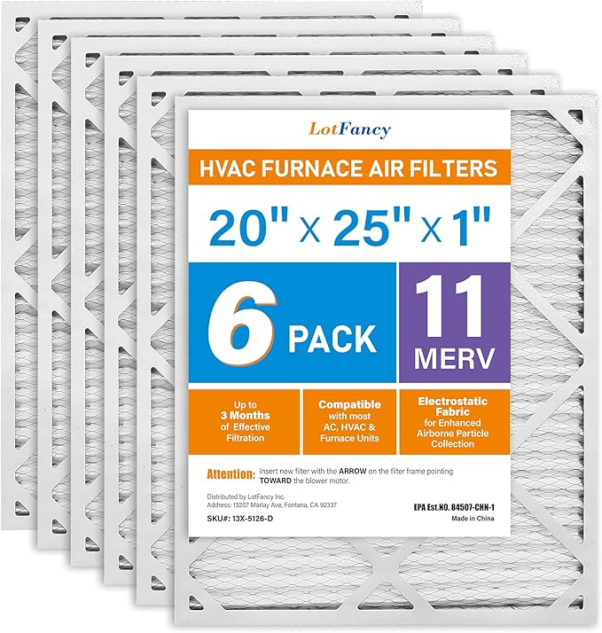 LotFancy 20x25x1 Air Filter MERV 11 6-Pack, Electrostatic Pleated AC Furnace Air Filter, Captures Dust, Smog & Pet Dander, Actual Size: 19.75"x23.75"x0.75"