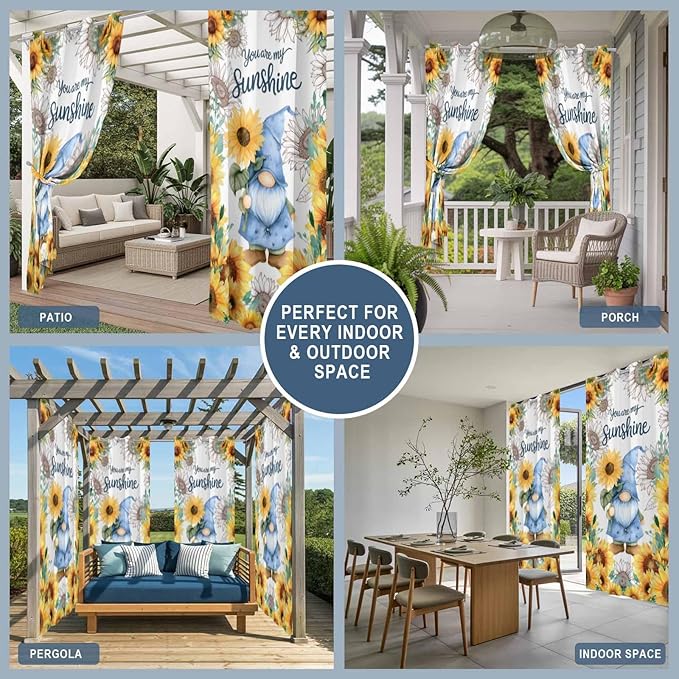 Summer Outdoor Curtains for Patio Sunflowers Gnome Eucalyptus Leaves Waterproof Outside Curtains with Grommet Top Weatherproof Curtain for Cabana Pergola Gazebo, 2 Pack, 54" W x 84" L
