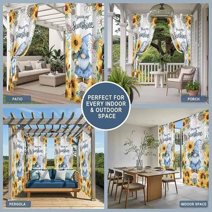 Summer Outdoor Curtains for Patio Sunflowers Gnome Eucalyptus Leaves Waterproof Outside Curtains with Grommet Top Weatherproof Curtain for Cabana Pergola Gazebo, 1 Panel, 54" W x 84" L