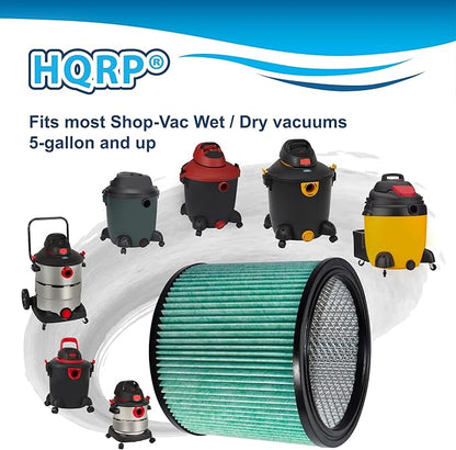 HQRP High Efficiency H14 HEPA Cartridge Filter 2-pack Replacement for Shop-vac 90350 90340 90304 9035033 90344, Fits most 4-16 Gallon Shop-Vac Wet/Dry Vacuums, Washable and Reusable, Green