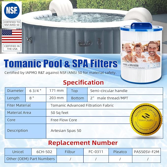 2 Pack SPA Filter Cartridge 6CH-502 Compatible with Artesian Spas 50, 06-0006-12, 06-0005-12, Filbur FC-0311, Pleatco PAS50SV-F2M, Certified with NSF50 for Material Safety, Hot Tub Filters