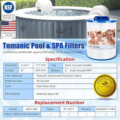 2 Pack SPA Filter Cartridge 6CH-502 Compatible with Artesian Spas 50, 06-0006-12, 06-0005-12, Filbur FC-0311, Pleatco PAS50SV-F2M, Certified with NSF50 for Material Safety, Hot Tub Filters
