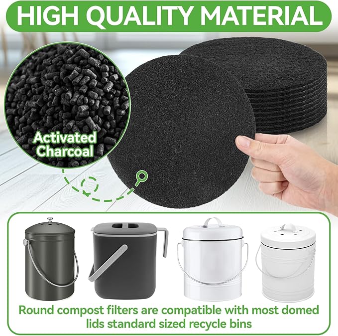 10PCS Compost Bin Charcoal Filters- 6.7inch Activated Carbon Filters，Round Charcoal Replacements for Kitchen Compost Bin Pail Replacement,Countertop Home Bucket Refill
