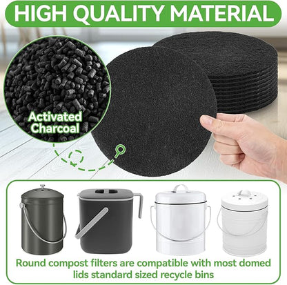 10PCS Compost Bin Charcoal Filters- 6.7inch Activated Carbon Filters，Round Charcoal Replacements for Kitchen Compost Bin Pail Replacement,Countertop Home Bucket Refill