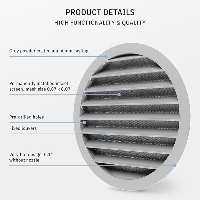 calimaero® WSGG 8" Inch Gray Round Metal Air Vent Grill Cover Flat Louver with Screen Mesh Fits Only with Metal Ducts