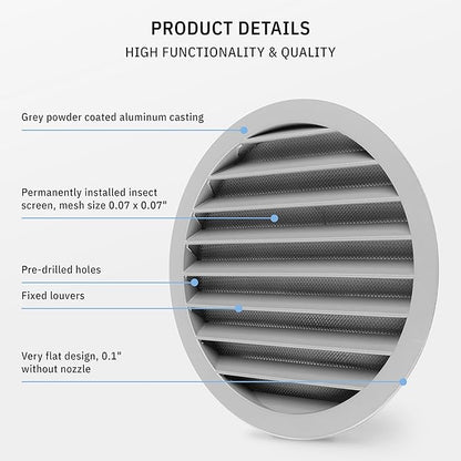 calimaero® WSGG 8" Inch Gray Round Metal Air Vent Grill Cover Flat Louver with Screen Mesh Fits Only with Metal Ducts