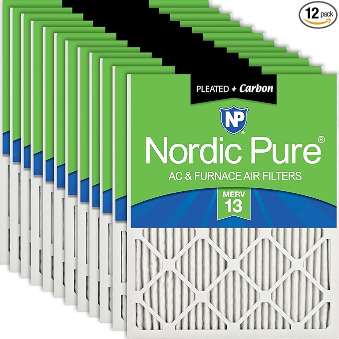Nordic Pure 12x20x1 (Actual Size: 11 1/2 x 19 1/2 x 3/4) Pleated Air Filters MERV 13 Plus Carbon 12 Pack