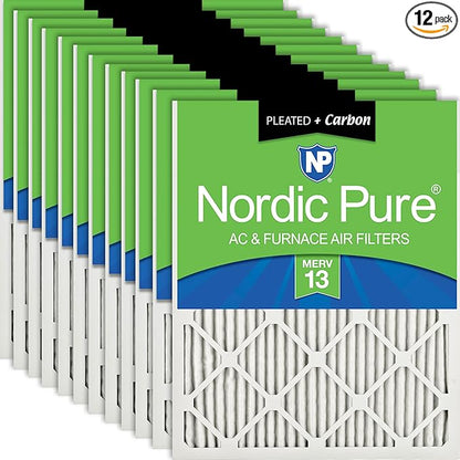 Nordic Pure 16x24x1 (Actual Size: 15 1/2 x 23 1/2 x 3/4) Pleated Air Filters MERV 13 Plus Carbon 12 Pack