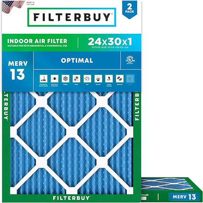 Filterbuy 24x30x1 Air Filter MERV 13 Optimal Smoke & Allergy Defense (2-Pack), Electrostatic Pleated HVAC AC Furnace Filters Replacement, Made in USA (Actual Size: 23.88 x 29.88 x 0.75)