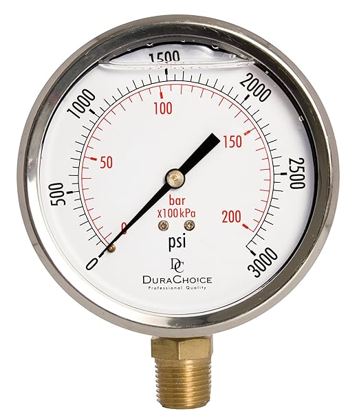 4" Oil Filled Pressure Gauge - Stainless Steel Case, Brass, 1/2" NPT, Lower Mount Connection, 0-3,000PSI