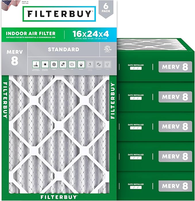 Filterbuy 16x24x4 Air Filter MERV 8 Essential Dust & Allergy Defense (6-Pack), Electrostatic Pleated HVAC AC Furnace Filters Replacement, Made in USA (Actual Size: 15.38 x 23.38 x 3.63)