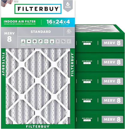 Filterbuy 16x24x4 Air Filter MERV 8 Essential Dust & Allergy Defense (6-Pack), Electrostatic Pleated HVAC AC Furnace Filters Replacement, Made in USA (Actual Size: 15.38 x 23.38 x 3.63)