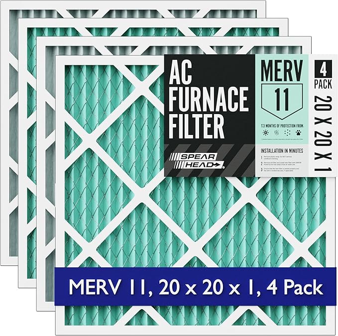 Spearhead [20x20x1, 4-PK] MERV 11+ EPA-Registered Odor Defense HVAC AC Furnace Filter w/Rigid Frame, Clog-Free Design, Verified Efficiency & Quiet Filtration