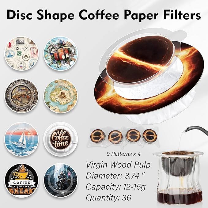 SUNYA Coffee Filters, 36-Pack Eco-Friendly Disc Shape Paper Filters for Manual Ground Coffee and Drip Coffee Makers, with Wide Rim for Cup Sizes 2-3.5inch. 9 Different Patterns (UFO A)