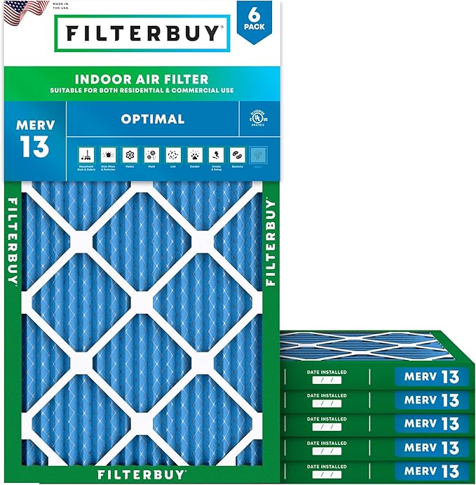Filterbuy 10x25x1 Air Filter MERV 13 Optimal Smoke & Allergy Defense (6-Pack), Electrostatic Pleated HVAC AC Furnace Filters Replacement, Made in USA (Actual Size: 9.75 x 24.75 x 0.75)