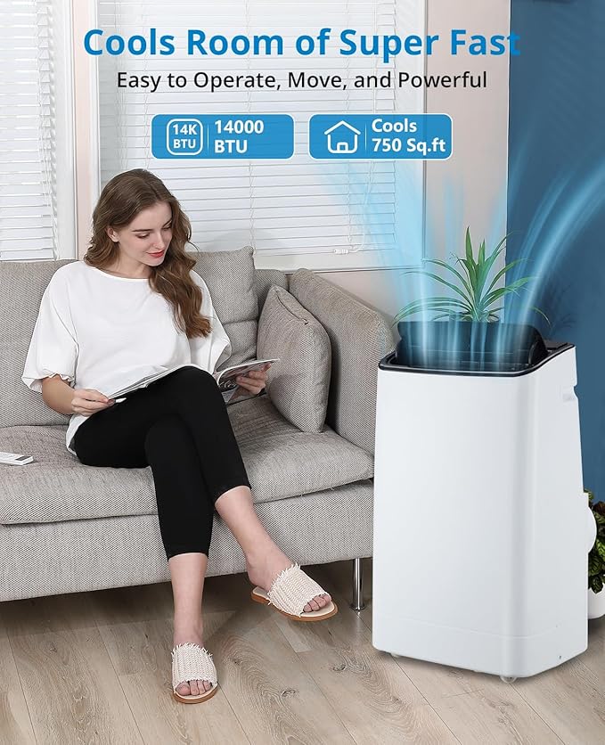 14,000 BTUs Portable Air Conditioner - Cools Up to 700 Sq.Ft, 3-IN-1 Energy Efficient AC Unit with Remote Control & Installation Kits for Large Room, Campervan, Office, Temporary Space