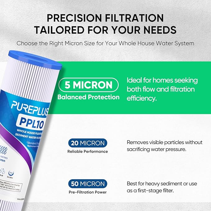 PUREPLUS 5 Micron 10"x2.5" Whole House Pleated Sediment Filter for Well Water, Replacement Cartridge for Universal 10 inch RO System, W50PE, WFPFC3002, SPC-25-1050, FM-50-975, 801-50, WB-50W, 6Pack