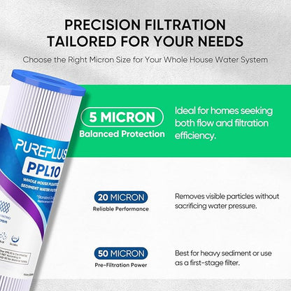 PUREPLUS 5 Micron 10"x2.5" Whole House Pleated Sediment Filter for Well Water, Replacement Cartridge for Universal 10 inch RO System, W50PE, WFPFC3002, SPC-25-1050, FM-50-975, 801-50, WB-50W, 4Pack