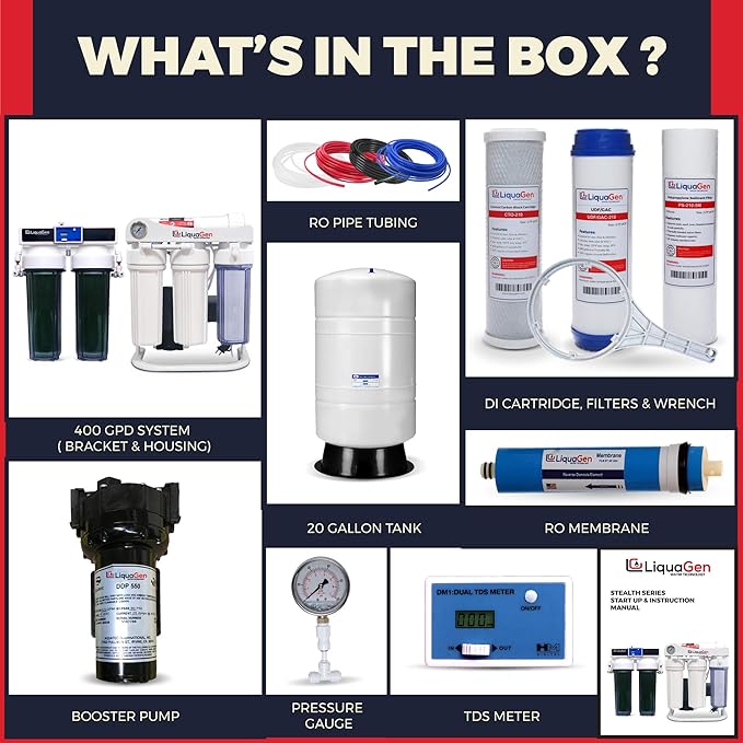 LiquaGen - Light Commercial Grade RO/DI Water Filter System | Reverse Osmosis and Deionization RO/DI | Booster Pump with TDS Meter | 20 Gallon Tank - 400GPD