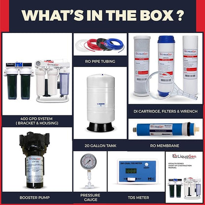 LiquaGen - Light Commercial Grade RO/DI Water Filter System | Reverse Osmosis and Deionization RO/DI | Booster Pump with TDS Meter | 20 Gallon Tank - 400GPD
