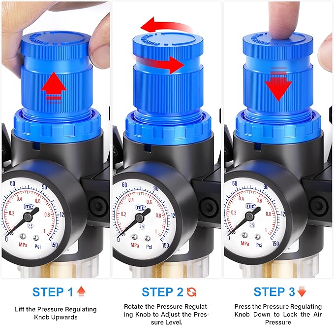TAILONZ PNEUMATIC 1/4 Inch NPT AFC2000 Air Filter Pressure Regulator Kit（0-145 Psi）5 Micron Brass Element Air Tool Compressor Filter with Gauge and Lubricator Cup