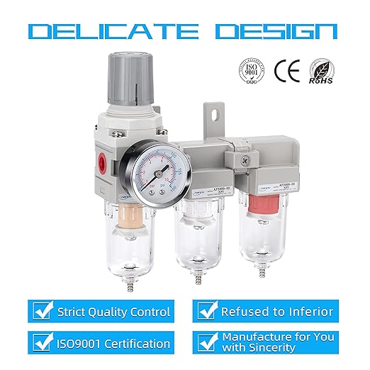 NANPU Three Stage Air Drying System - 5 Micron Particulate Filter, 0.5＆0.01 Micron Coalescing Filters, Air Pressure Regulator Combo - 0-150 psi Gauge, Semi-Auto Drain, Metal Bracket (1/4" NPT）