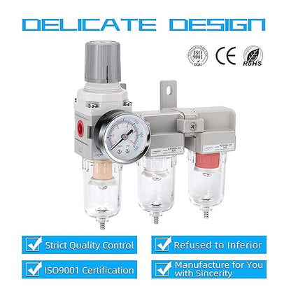 NANPU Three Stage Air Drying System - 5 Micron Particulate Filter, 0.5＆0.01 Micron Coalescing Filters, Air Pressure Regulator Combo - 0-150 psi Gauge, Semi-Auto Drain, Metal Bracket (1/4" NPT）