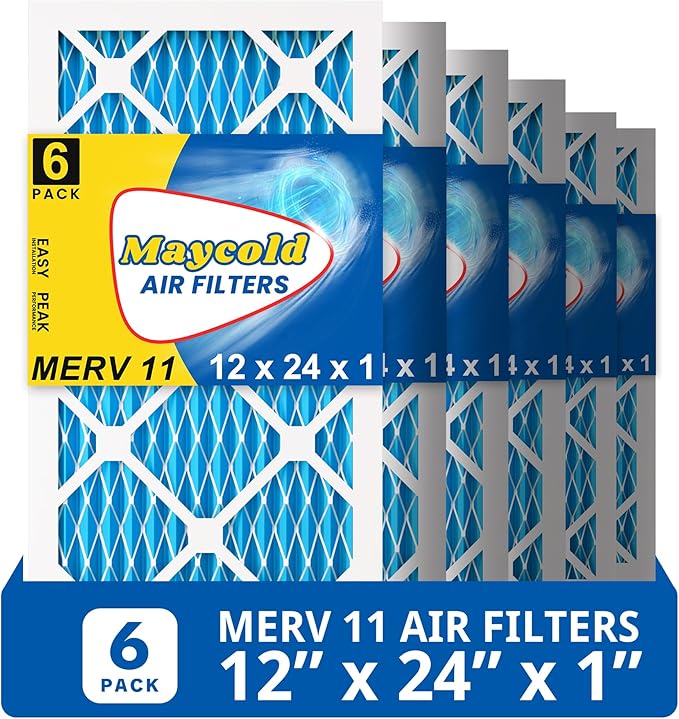 Maycold 12x24x1 MERV 11 Furnace Air Filter (6-Pack), High-Performance HVAC AC Filters for Home Use, Actual Size: 11.70” x 23.70” x 0.75”, Individually Wrapped in Plastic
