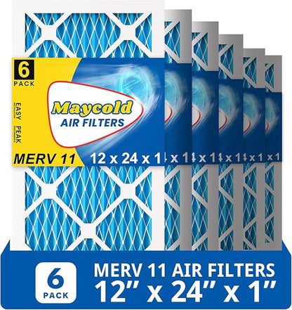 Maycold 12x24x1 MERV 11 Furnace Air Filter (6-Pack), High-Performance HVAC AC Filters for Home Use, Actual Size: 11.70” x 23.70” x 0.75”, Individually Wrapped in Plastic
