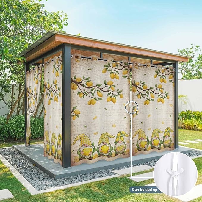 Summer Gnome Outdoor Curtains for Patio Gnome Lemon Leaf Vintage Waterproof Outside Curtains with Grommet Top Weatherproof Curtain for Cabana Pergola Gazebo, 1 Panel, 54" W x 108" L