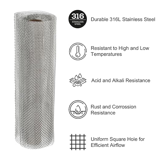 PATIKIL 40" L x 10" W Woven Wire Mesh, 10 Mesh 316L Stainless Steel Air Vent Filter Screen for Window Security Vent Cover Filtration Animals Fence