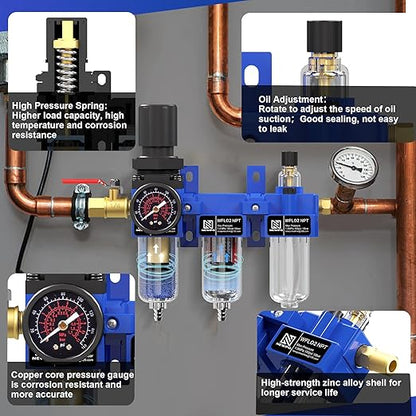 NEWPO 1/4" NPT Compressed Air Filter Regulator Lubricator Combo, Water/Oil Trap Separator,Brass Filter & Coalescing Filter,Semi-Auto Drain,Metal Bracket-Blue