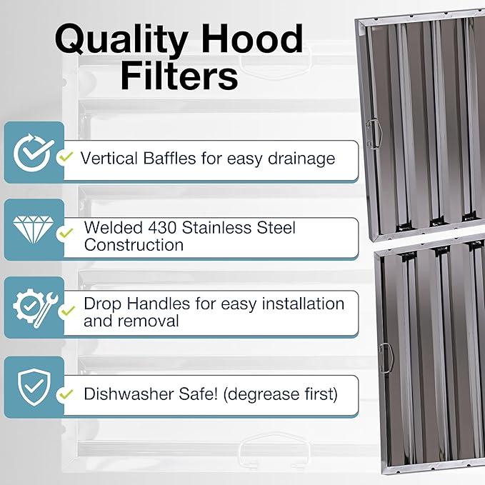 20" x 25" Stainless Steel Commercial Hood Filter – Dishwasher Safe, Welded Baffle Grease Trap with Drop Handles – Easy Installation & Durable Grease Fire Prevention Filter