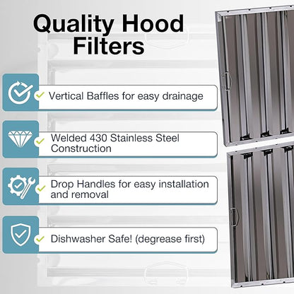20" x 25" Stainless Steel Commercial Hood Filter – Dishwasher Safe, Welded Baffle Grease Trap with Drop Handles – Easy Installation & Durable Grease Fire Prevention Filter