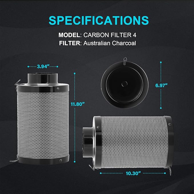 iPower 4 Inch Air Carbon Filter Odor Control with Australia Virgin Premium Charcoal and Reversible Flange for Inline Duct Fan/Grow Tent/Hydroponics, 4"X12", Prefilter Included, Black
