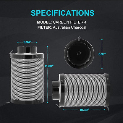 iPower 4 Inch Air Carbon Filter Odor Control with Australia Virgin Premium Charcoal and Reversible Flange for Inline Duct Fan/Grow Tent/Hydroponics, 4"X12", Prefilter Included, Black