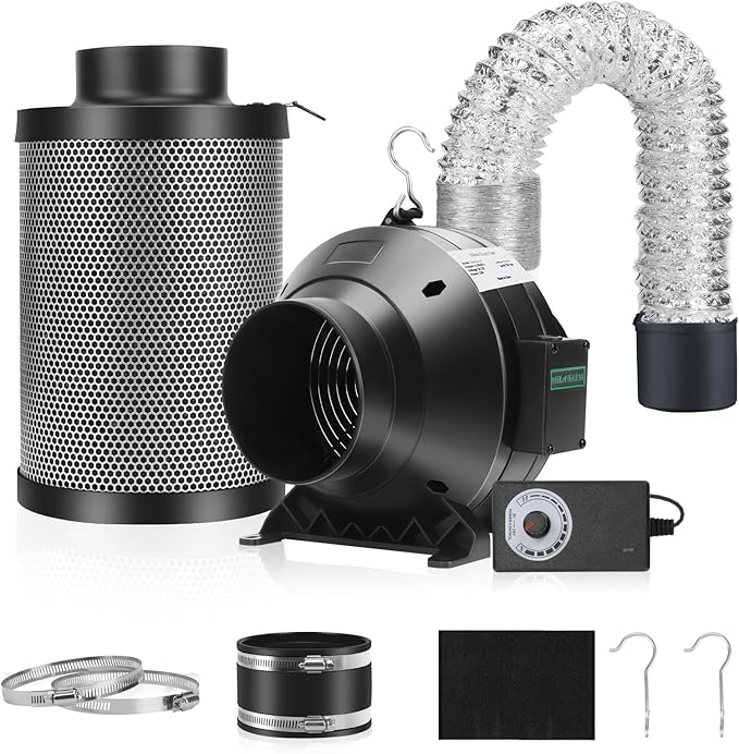 MELONFARM Air Filtration Kit, 4" 190 CFM Inline Duct Fan with Speed Controller, 12" High Carbon Filter, 8 Ft Ducting & Rubber Coupler, Air Cooling and Filtration Kit for Grow Tent, Hydroponics