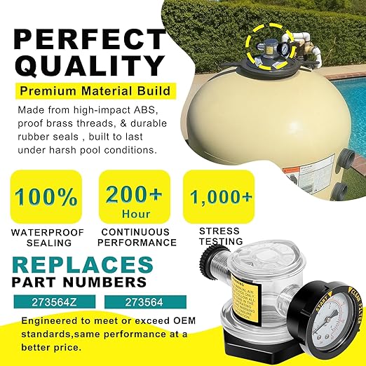 273564Z Manual Air Relief Valve with Pressure Gauge Compatible with Pentair Triton C, TR100C, TR140C, Triton II Sand Filters –For Clean & Clear,Warrior,EasyClean,SMBW 4000 Pool & Spa DE Filter Systems