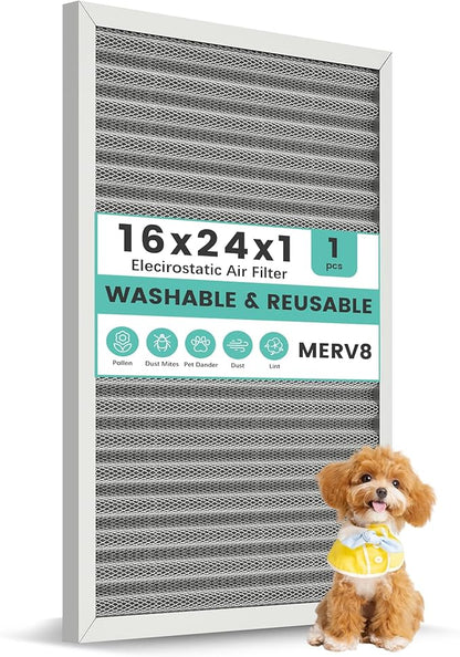 16x24x1 Reusable HVAC Furnace Air Filter, Washable Electrostatic Furnace Filter, MERV 8, Lasts a Lifetime, Breathe Fresher, Home And Office (Actual Size: 15.67x23.74x0.8 Inch)