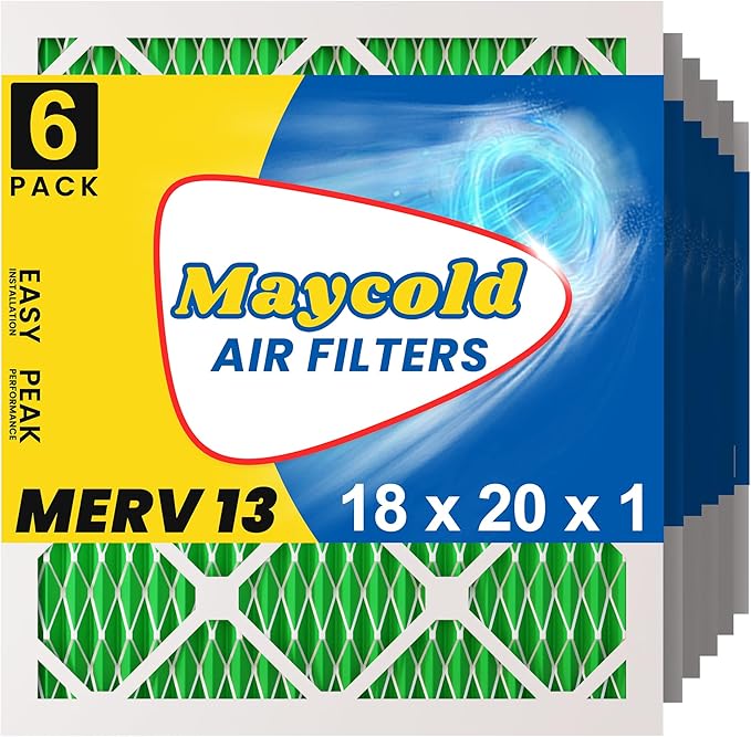 Maycold MERV 13 18x20x1 Air Filter (6-Pack), High-Efficiency Pleated AC & Furnace Filters, Actual Size: 17.70” x 19.70” x 0.75”, Individually Wrapped in Plastic