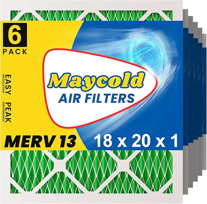 Maycold MERV 13 18x20x1 Air Filter (6-Pack), High-Efficiency Pleated AC & Furnace Filters, Actual Size: 17.70” x 19.70” x 0.75”, Individually Wrapped in Plastic