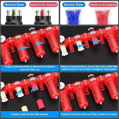 TAILONZ PNEUMATIC 0-150PSI 1/2 Inch NPT Red Industrial Grade 5 Stage Air Drying System, Particulate Filter, Coalescing Filter, Double Desiccant Dryer and Air Regulator (Manual Drainage)