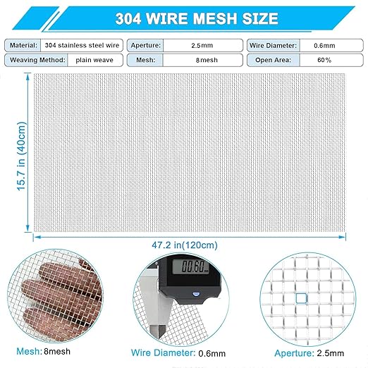 Stainless Steel Mesh Screen 8Mesh 304, 15.7" x 47.2" (40x120cm) Metal Mesh Screen, Rust Free Fine Wire Mesh Roll, Easy to Cur for Vent Mesh, Window Screen, Filters, Cage, Garden Covers