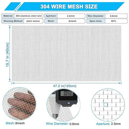 Stainless Steel Mesh Screen 8Mesh 304, 15.7" x 47.2" (40x120cm) Metal Mesh Screen, Rust Free Fine Wire Mesh Roll, Easy to Cur for Vent Mesh, Window Screen, Filters, Cage, Garden Covers