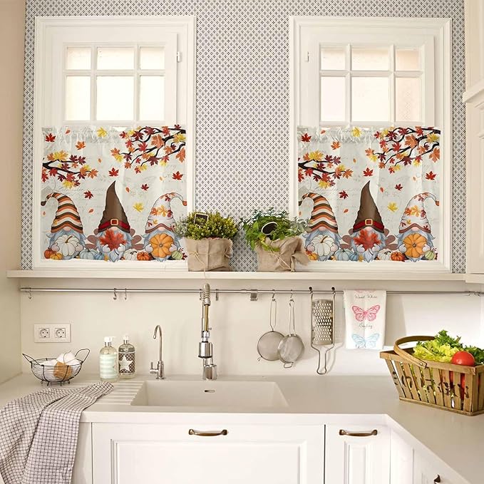 Fall Kitchen Curtain Set, Thanksgiving Gnomes Maple Leaf Pumpkin Beige Window Valance and Tiers 24" Length, Light Filtering Short Curtains Valance for Cafe Bathroom Bedroom 54"x18"